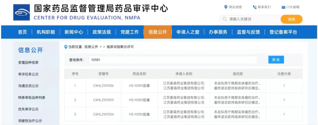 CQ9电子1类新药HS-10381胶囊获批临床